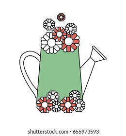 color sections silhouette of watering can and sunflowers inside and thick contour vector illustration
