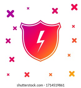Color Secure shield with lightning icon isolated on white background. Security, safety, protection, privacy concept. Gradient random dynamic shapes. Vector Illustration
