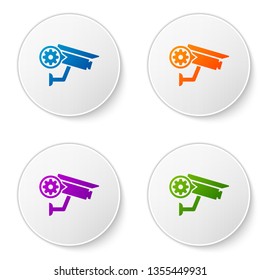 Color Security camera and gear icon isolated on white background. Adjusting app, service concept, setting options, maintenance, repair, fixing. Set icons in circle buttons. Vector Illustration