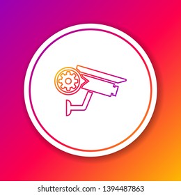 Color Security camera and gear line icon isolated on color background. Adjusting app, service concept, setting options, maintenance, repair, fixing. Circle white button. Vector Illustration