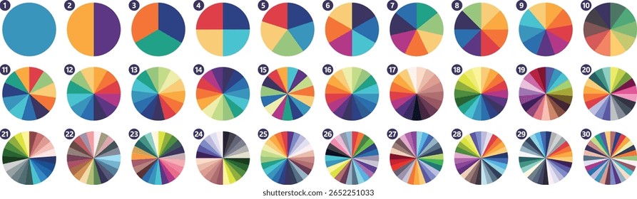 Color segmented circles. Circular infographic graphs, multicolored pie charts and color wheels. Circle fractions from 1 to 30 segments for business presentation and data visualizations vector set.