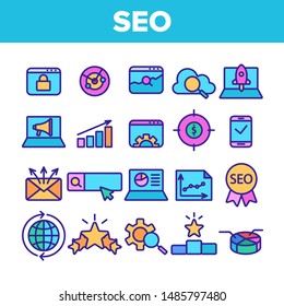 Color Seo Search Engine Optimization Icons Seo Vector Thin Line. Collection Of Different Seo Elements Infographic And Mail Message, Social Marketing Signs Linear Pictograms. Contour Illustrations