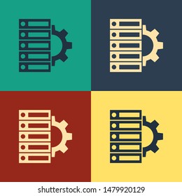 Color Server and gear icon isolated on color background. Adjusting app, service concept, setting options, maintenance, repair, fixing. Vintage style drawing. Vector Illustration
