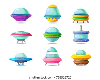 Color set of alien circle plates for the game UI. Vector cartoon illustration of a colourful UFO. Bright background images for print, create videos or web graphic design, user interface, card, poster