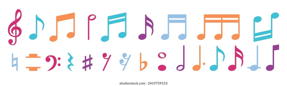 Color Set of all music notes symbols, flat design vector illustration