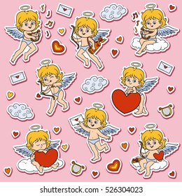 Color set of angels, vector characters of Valentine's Day. Colorful stickers