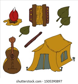 Color set. Autumn, tent, bonfire and guitar with button accordion.