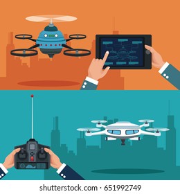 color set banner of scene city landscape set remote control and tablet white modern robot drone