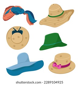 Un conjunto de sombreros de playa de color. Imagen vectorial de sombreros de verano con diferentes texturas. El concepto de protección contra la luz solar.