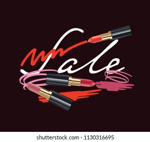 Color set of beautiful lipstick. Template design. Sale banner with color brush lipstick