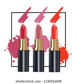 Color set of beautiful lipstick. Template design. Sale banner with color brush lipstick