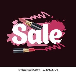 Color set of beautiful lipstick. Template design. Sale banner with color brush lipstick