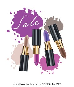 Color set of beautiful lipstick. Template design. Sale banner with color brush lipstick