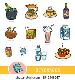 Color set of beverages, collection of vector items with names in English. Cartoon visual dictionary for kids 