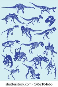 Color set of blue dinosaur skeletons ,graphical illustration