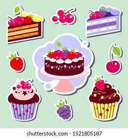 Color set of cakes and cupcakes, piece of cake. Set stickers.