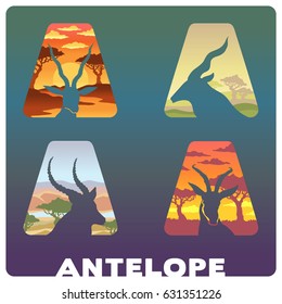 Color set of the capital letter A, the landscape of the savannah and the head of the antelope. Color letter for logos advertising.Safari background. Image of the nature of Africa.Isolated vector image