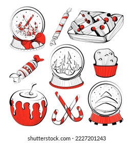 Colores de imágenes vectoriales de Navidad con bolas de Navidad con nieve, pastel, quequitos, manzana al horno, caramelos