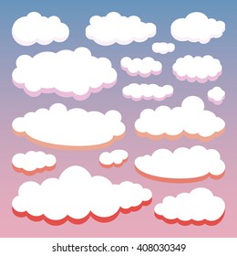 Color set of clouds isolated on sunset sky background. Japan sunrise sky. Collection of cloud icon, shape, label, symbol for your design. Vector illustration
