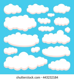 Color set of clouds isolated on clear blue sky background. Morning sky. Collection of cloud icon, shape, label, symbol for your design. Clouds collection. Vector illustration