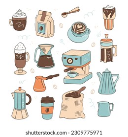 Color set of coffee doodle icons. Coffee, coffee pot, coffee machine, bag of beans, latte, cappuccino, glass. 