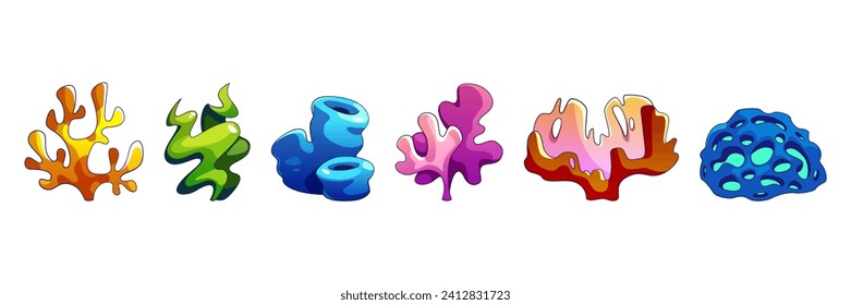 Color set of coral reefs isolated on white background. Vector cartoon illustration of underwater seabed or aquarium bottom design elements, colorful aquatic plants collection, marine nature life