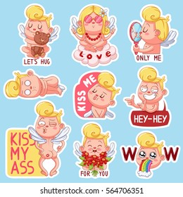 Color set of cupids for Valentine's Day. Funny stickers with different emotions. Vector illustration