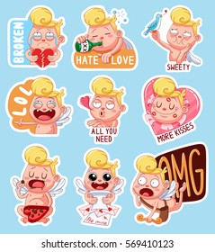 Color set of cupids for Valentine's Day. Funny stickers with different emotions. Vector illustration