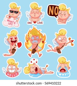Color set of cupids for Valentine's Day. Funny stickers with different emotions. Vector illustration