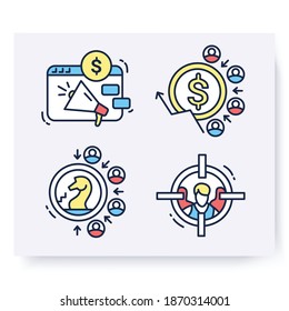 Color set of customer attraction icons. Customer acquisition. Client attraction strategy, cost, target. Guide steps to acquire buyers. Isolated linear vector business illustrations