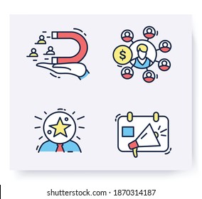 Color set of customer attraction icons. Customer acquisition. Client attraction retention, awareness, advertising. Guide steps to acquire buyers. Isolated linear vector business illustrations