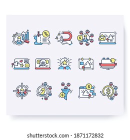 Color Set Of Customer Attraction Icons. Customer Acquisition. Client Attraction. Strategy For Startups. Guide Steps To Acquire Buyers. Isolated Linear Vector Business Illustrations