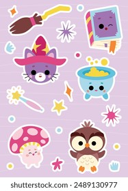 Color set of cute animals and Halloween objects, vector stickers on pink background