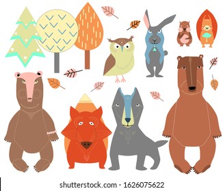 Color set of cute forest animals. 12 elements - Squirrel, Rabbit, Owl, Hamster, Fox, Bear Girl,  Bear Boy, 3 trees and Leaves