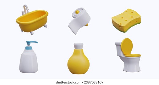 Color set of cute icons for bath, shower, spa salon. Realistic bathtub, toilet paper on holder, sponge, toilet, unlabeled bottles with cosmetic products. Isolated images