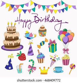 color set dedicated to the birthday: cake, balloons, gifts, sweets