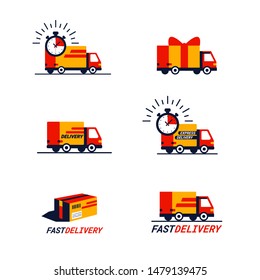Color set of delivery related Icons. Trucks and delivery vans in red and yellow. Simple flat style icons isolated on white background