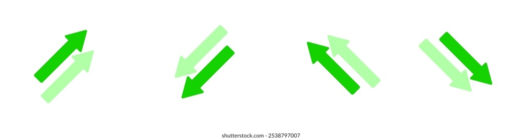 Color set of diagonal arrows, vector icon. Green arrow. Green arrow with shadow. Green arrow diagonally with a shadow. Direction.