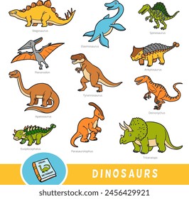 Color set of dinosaurs, collection of vector animals with names in English. Cartoon visual dictionary for children