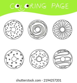 Color the set of donuts isolated on white background.. Coloring pages for preschool kids.