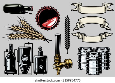 Color set of elements for the brewing theme, including a spikelet, keg, bottle, factory, beer tap, vintage ribbon, metal cork