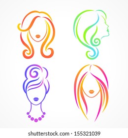 Color set of female heads with beautiful hair