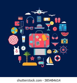 color set of flat icons for summer travel