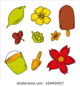 Color set. Flowers and leaves. Baby bucket and shovel. Ice cream.