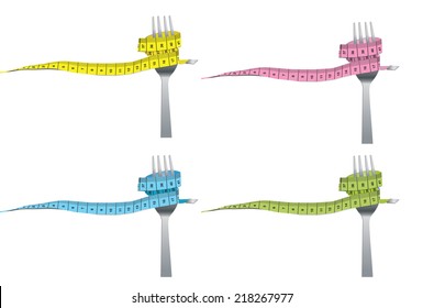 color set of fork and measuring tape for a healthy lifestyle concept isolated