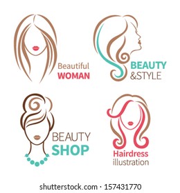 Color Set Of Four Beauty Icon. Female Heads With Beautiful Hair