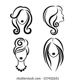 Color set of four beauty icon. Female heads with beautiful hair
