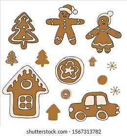 Color set. Gingerbread man, house and car. Christmas tree and snowflake.
