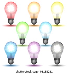 Color set of glowing bulbs with shadows, vector illustration, eps10, easy editable