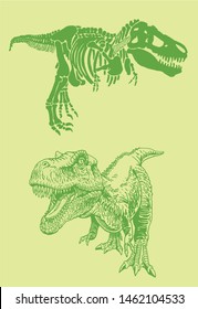 Color set of green dinosaur skeletons ,graphical illustration